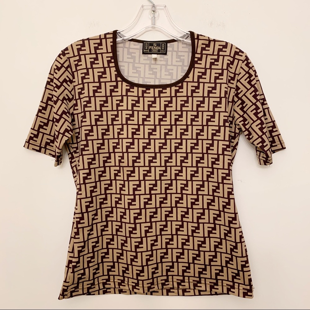 FENDI SIGNATURE BROWN SHORT SLEEVE STRETCHY TOP
